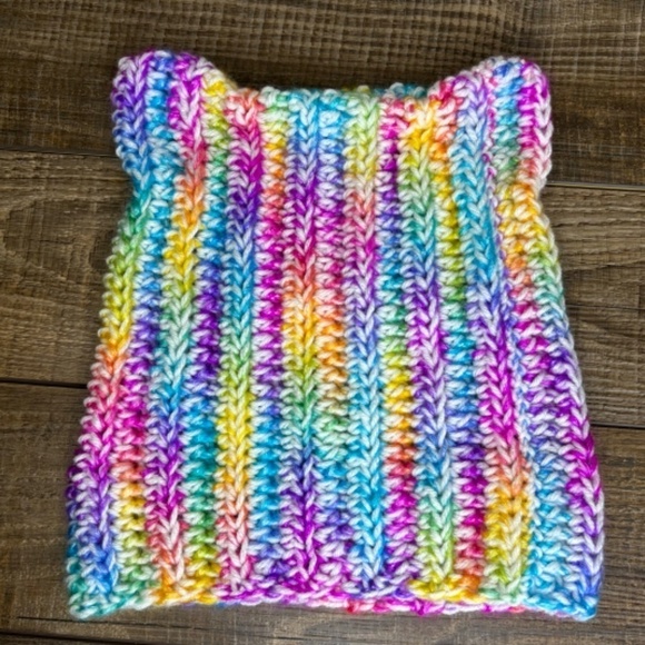 Handcrafted Crochet Winter Hat Rainbow Ice Yarn White Big Twist Cat Ear Ribbed - Picture 8 of 14